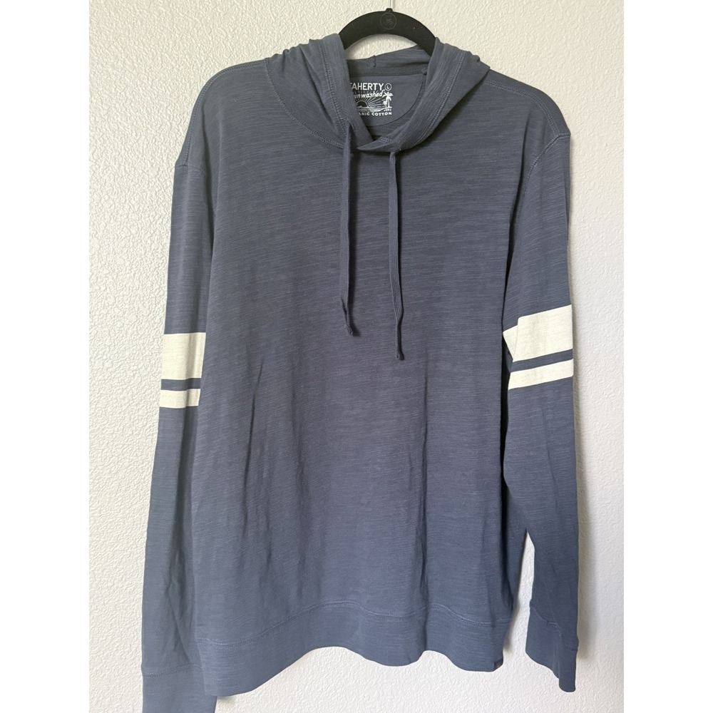 Faherty Hoodie Men L Navy Sunwashed Organic Cotton Striped Sleeve Pullover
